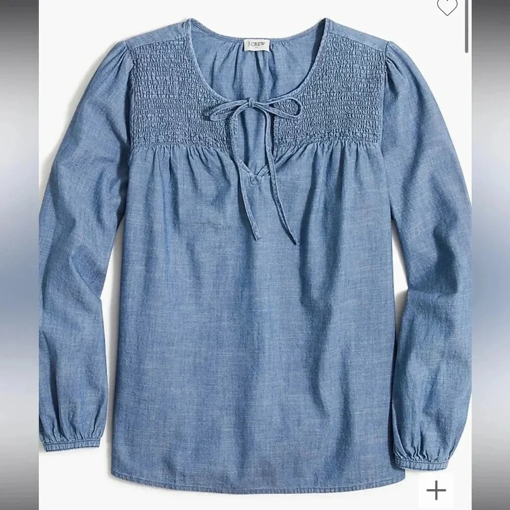 J. Crew Chambray Blue Smocked Yoke Peasant Blouse